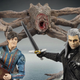 Jaskier plays his lute and Gerlat holds aloft his word in front of a rampaging Kikimora in this action figure display.